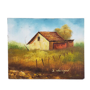 Original Oil Painting Fall Barn Landscape 10x8 Sign Woodgan On Wood Panel Rustic